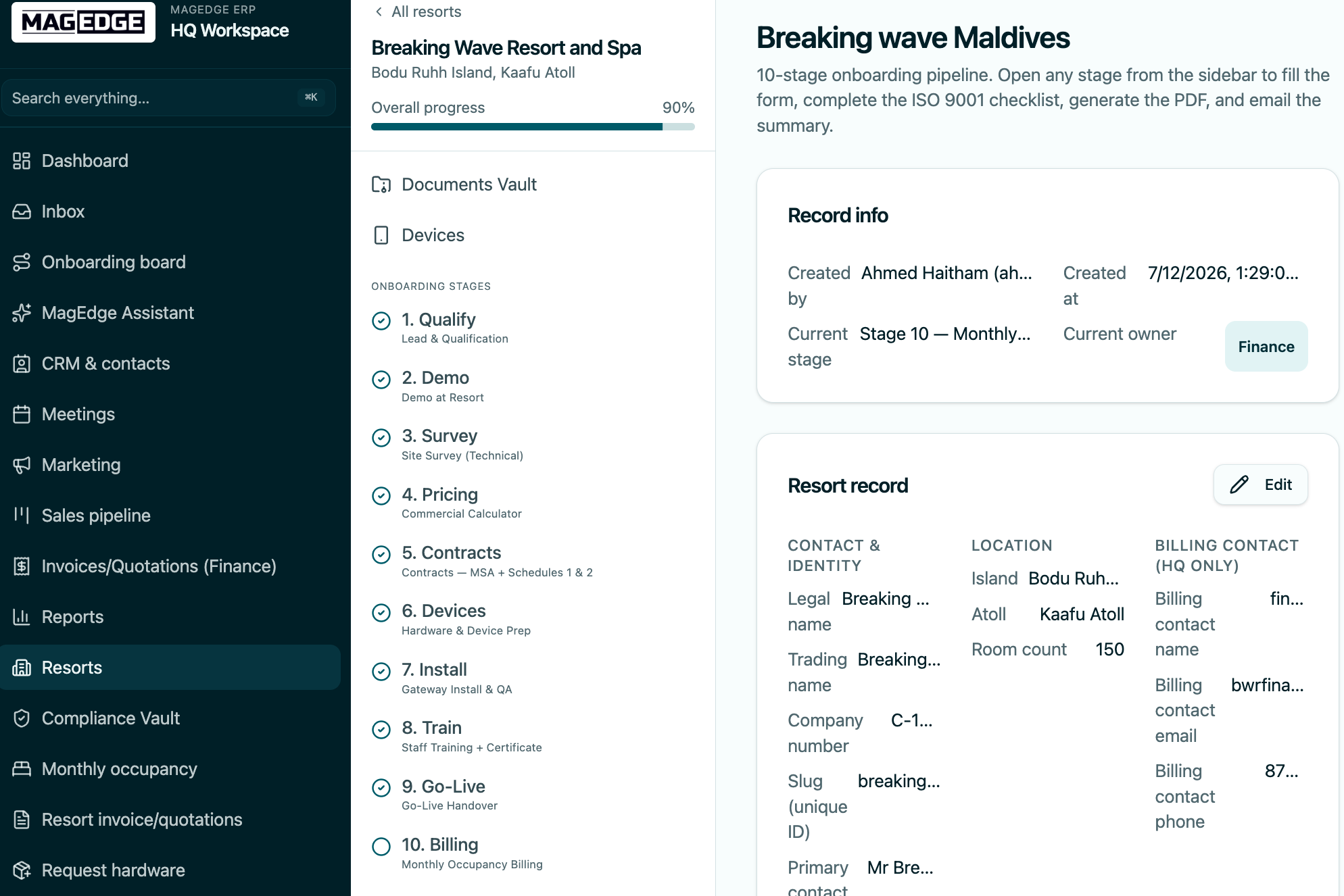 MagEdge ERP — Breaking Wave Resort onboarding pipeline with documents, devices, install, train, go-live and billing stages